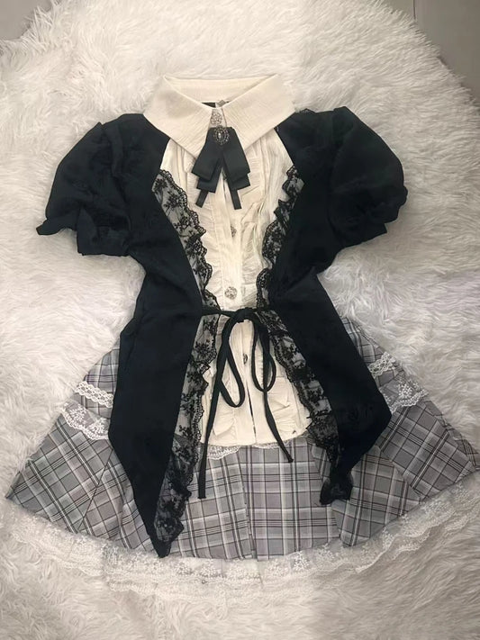 Fashion Sweet Lace Short Sleeve 2 Piece Set Women Design Chic Lapel Bow Patchwork Tops + High Waist Slim Plaid Short Skirt New
