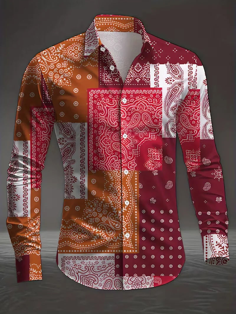 New men's long sleeved shirt with casual plaid pattern and branch print collar, versatile and comfortable top clothing