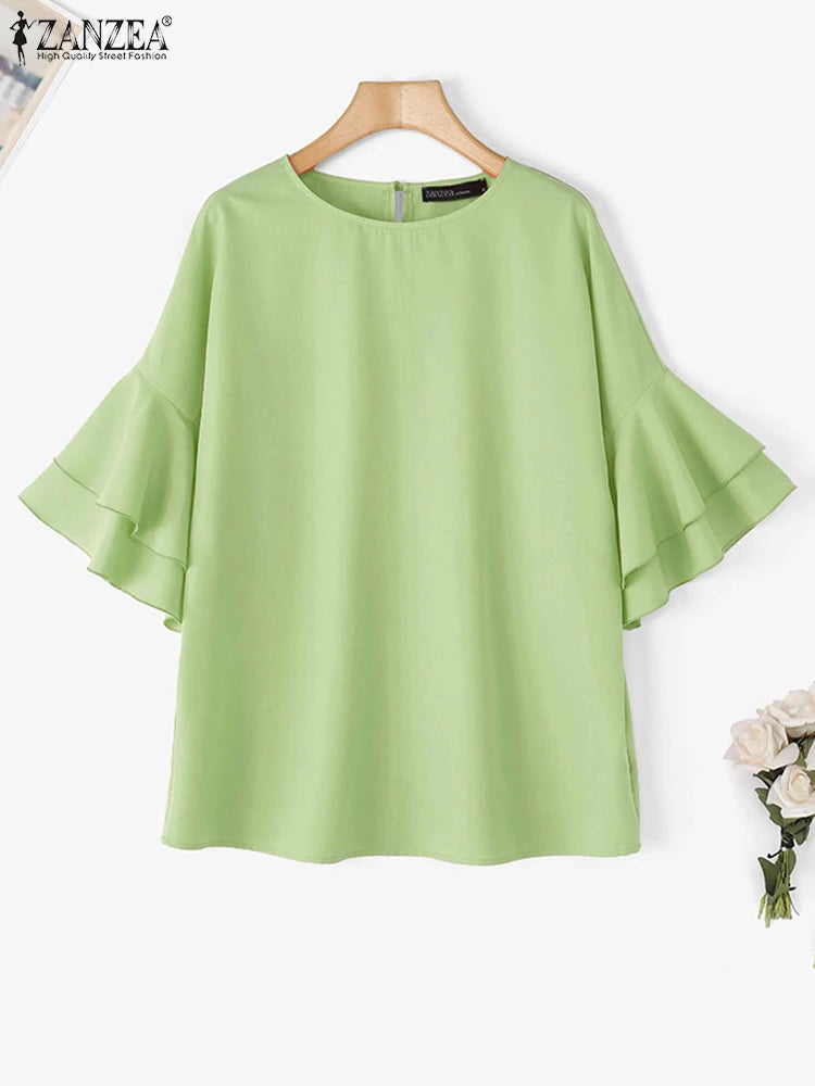 ZANZEA 2025 Fashion Summer Blouse Women Flare Sleeve Casual Tops Loose Ruffled Shirts Solid Color Elegant OL Blusas Femininas