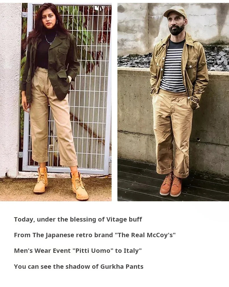 Maden Vintage Adjustable High Waist Gurkha Pants Khaki Casual Cargo Work Pants Classic Straight Trousers for Men's Spring Fall
