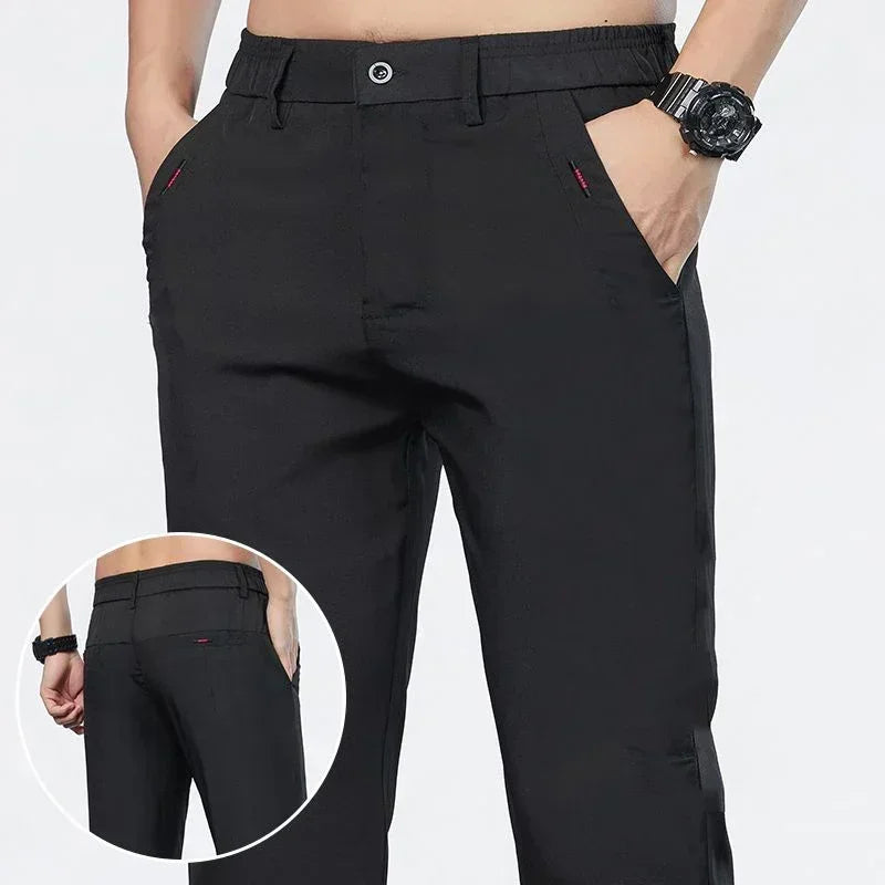Men Ice Silk Thin Classic Casual Pants Male Slim Fit Straight Leg Daily Business Trousers Fashion Elastic Waist Black Gray Pants