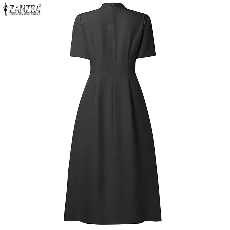 ZANZEA Elegant Office Lady Dresses Women 2026 Summer Dress Stylish A Line Waisted Party Sundress Short Sleeve Pleated Midi Robe