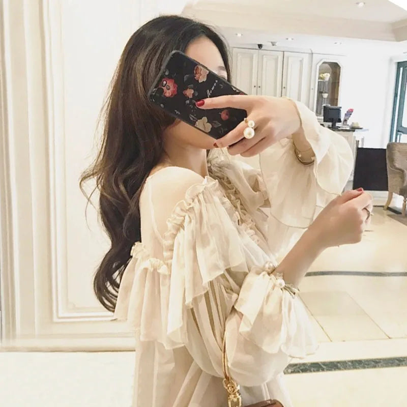 V-neck Sexy Shirts Women Summer See Through Boho Mesh Blouse Ruffle Flare Sleeve Elegant Peplum Tops Ruffles Ladies Blusas 13459