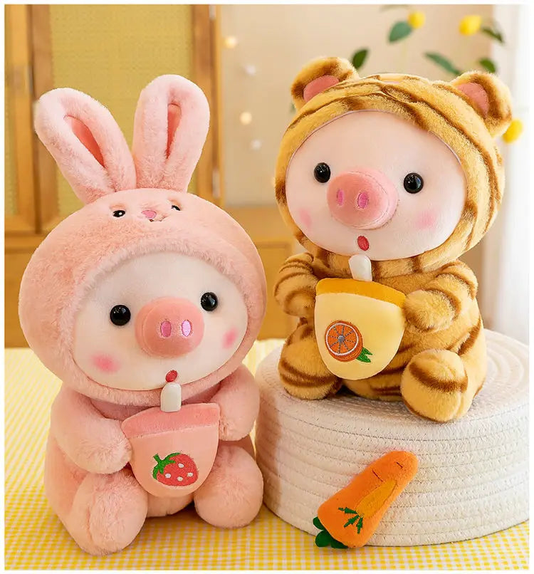 25cm Kawaii Bubble Pig Plush Toy Stuffed Animal Bunny Frog Tiger Soft Pillow Cup Milk Tea Boba Plushies Doll For Kids Girls Gift