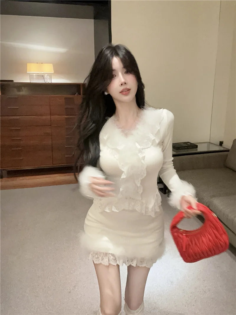 Autumn Winter Lace Splice Knitted Sve High Waist Slim Fit Bodycon Skirt Set V-Ne Soft Pure Desire Long Sve T-irt