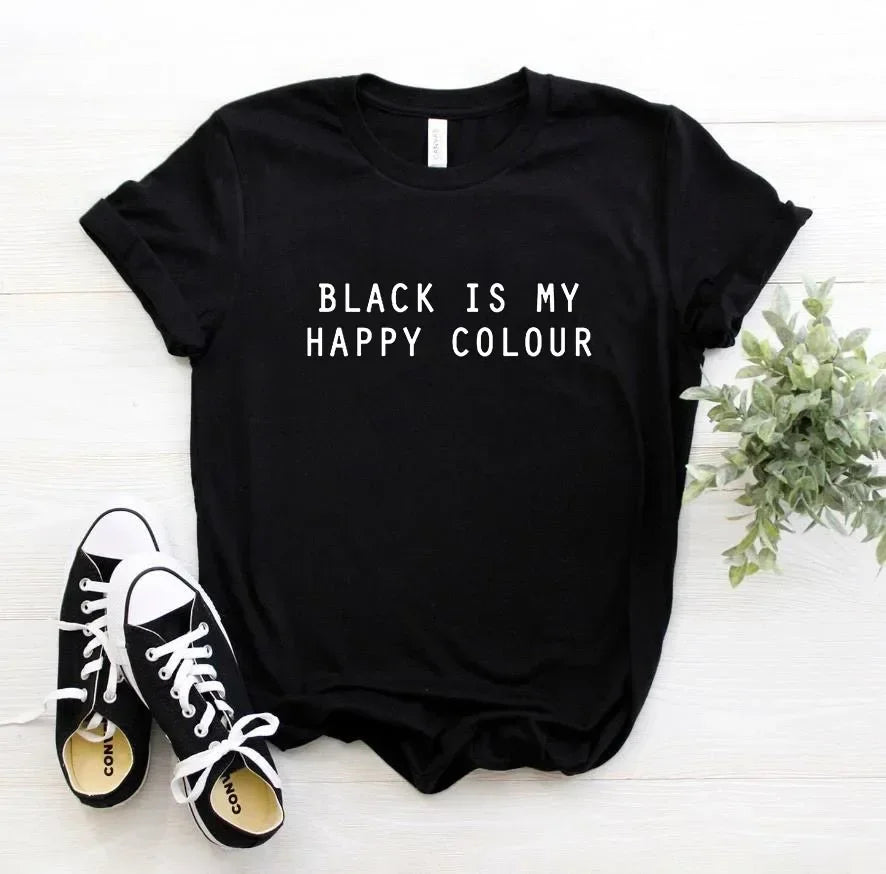 Women T Shirt Black Is My Happy Colour Letters Print Tshirt Women Short Sleeve O Neck T-shirt Ladies Causal Tee Shirt graphic