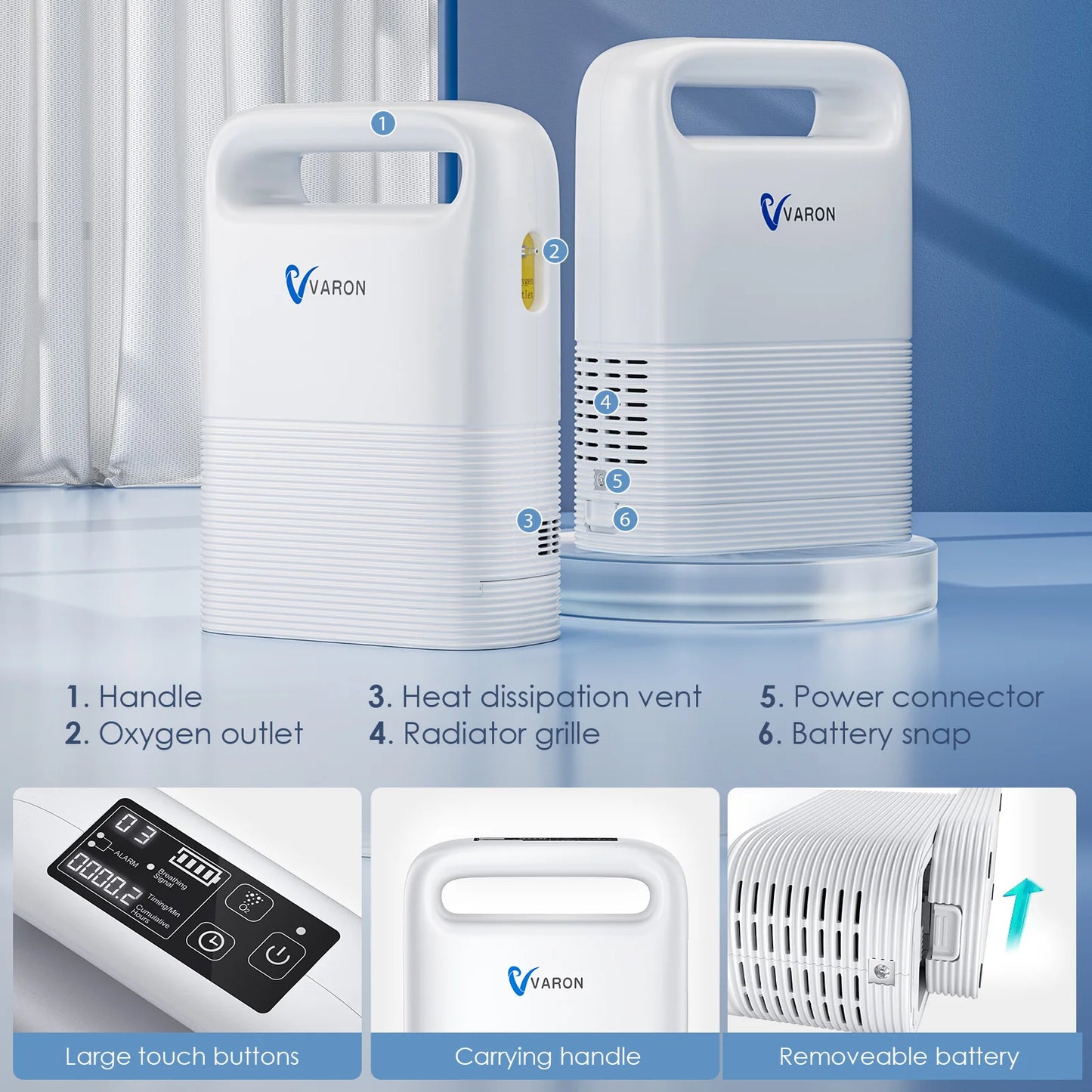 Varon Portable 93±3% 1-5 Level Oxygen Concentration Pulse Dual Oxygen Delivery Modes Removeable Battery For Outdoor Travel Use