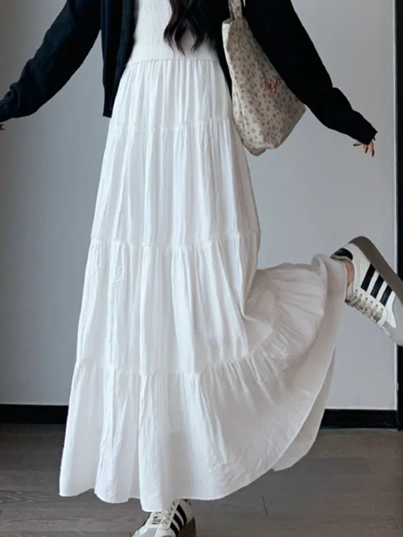 Elegant White Ruffled Long Skirts for Women High Waist A Line Maxi Skirt Woman Spring Summer Casual Loose Korean Umbrella Skirt