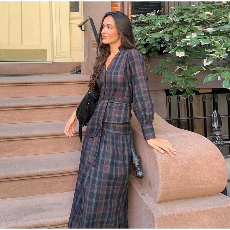 Women Chic Lace Up Checkered Skirt Suit Elegant V-neck Long Lantern Sleeve Top Long Skirts Set 2026 Spring Lady Commute outfits