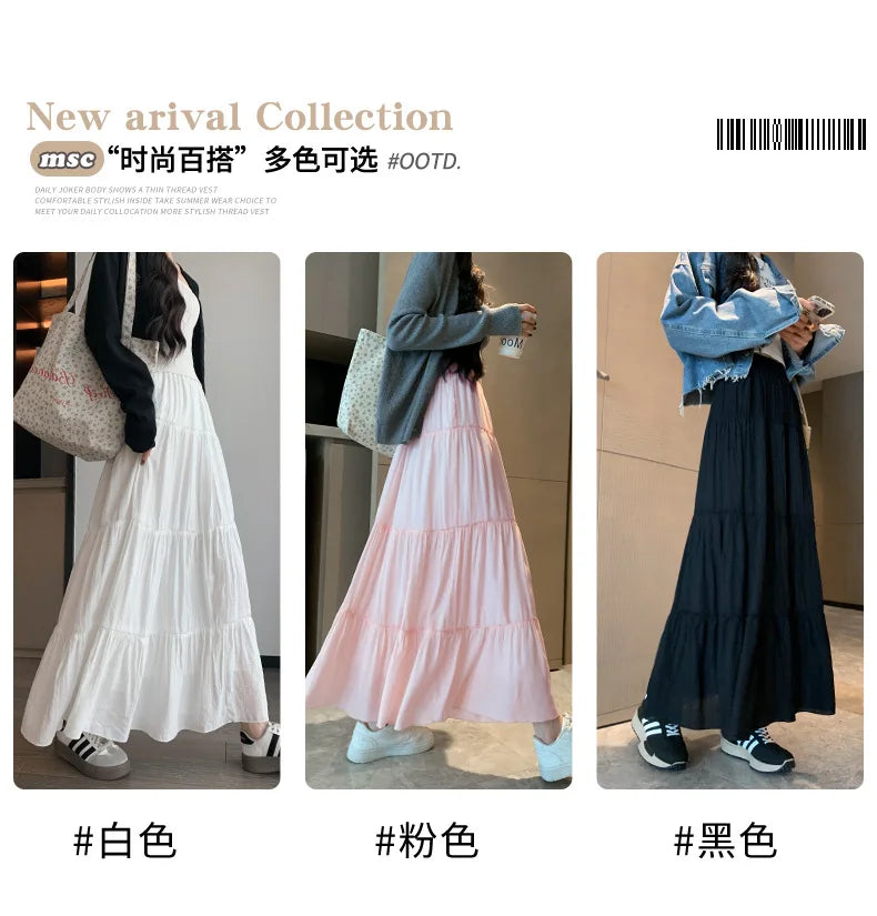 Elegant White Ruffled Long Skirts for Women High Waist A Line Maxi Skirt Woman Spring Summer Casual Loose Korean Umbrella Skirt