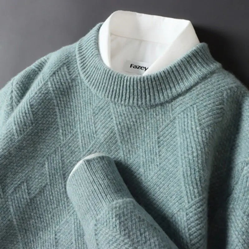 Men's Cashmere Sweater Loose and Thick Jacquard Crewneck Sweater Autumn and Winter New Solid Color Men's Knit Bottom Sweater