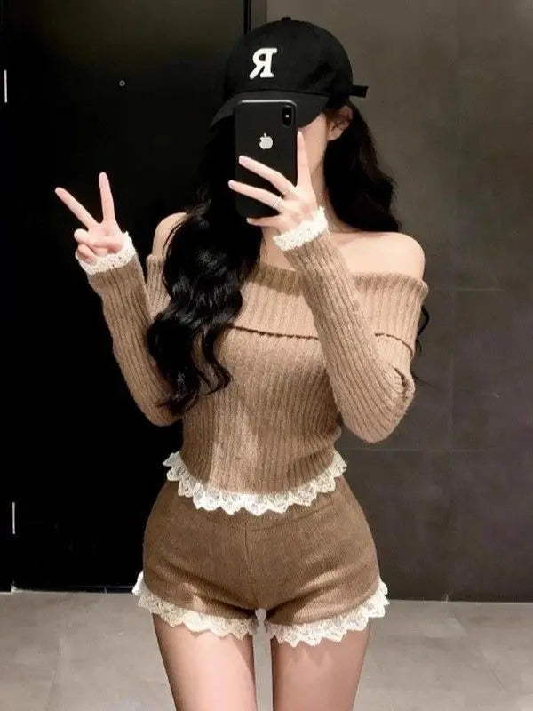 Autumn Winter Lace Splice One oulder Knitted Top High Waist ort Pants Two Piece Set Sexy Sle Casual Wear for Women