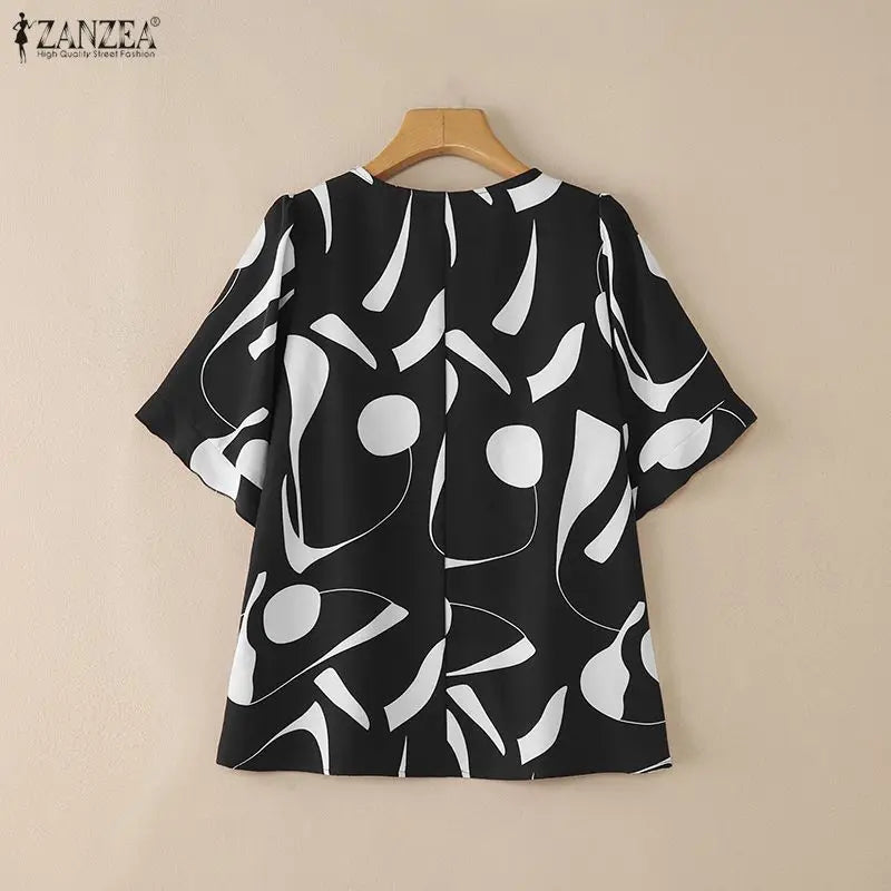 2026 ZANZEA Summer Blouse Women Casual V Neck Short Sleeve Printed Tops Female Loose Chemise Tunic Elegant Work Shirt Oversize