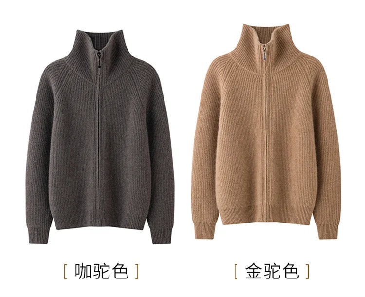 Autumn and winter women's clothing 100% pure cashmere collar thick knit zipper cardigan oversized coat sweater long sleeve loose