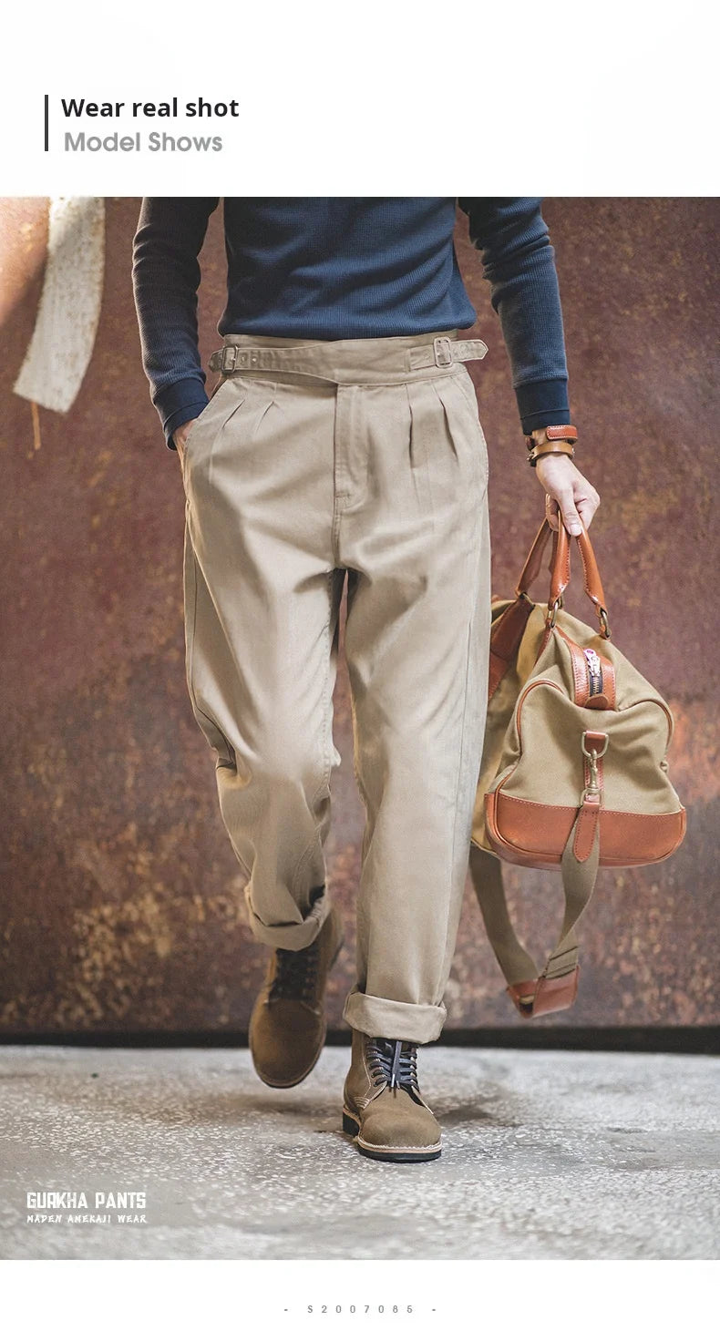 Maden Vintage Adjustable High Waist Gurkha Pants Khaki Casual Cargo Work Pants Classic Straight Trousers for Men's Spring Fall