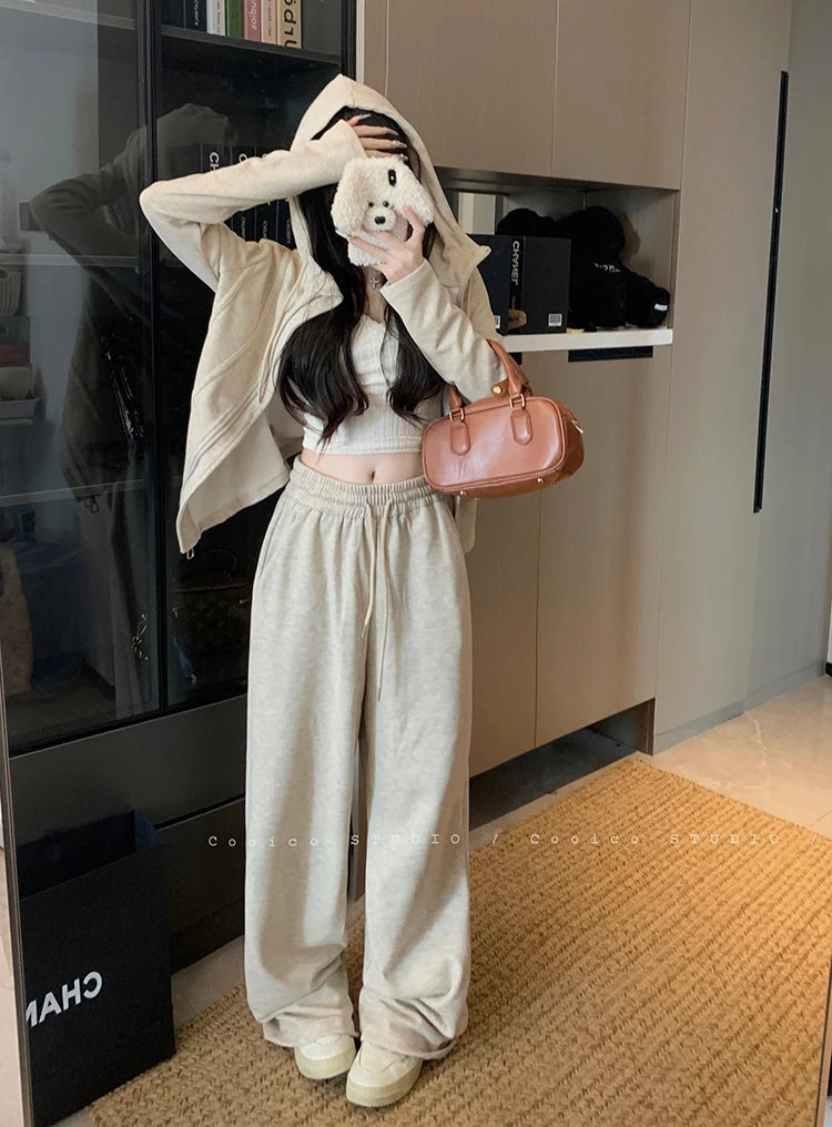 Faionable Lazy Sle Women's Outfit Long Sve Hoodie Wide Leg Casual Pants Two Piece Set Autumn Commute Windbreaker