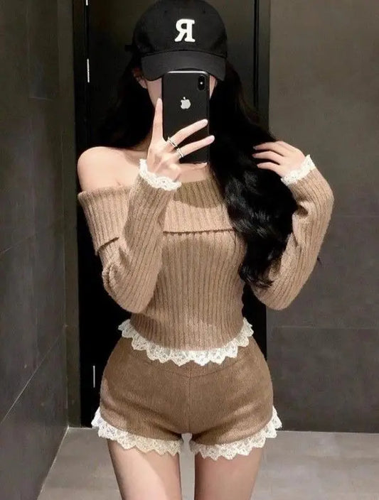 Autumn Winter Lace Splice One oulder Knitted Top High Waist ort Pants Two Piece Set Sexy Sle Casual Wear for Women