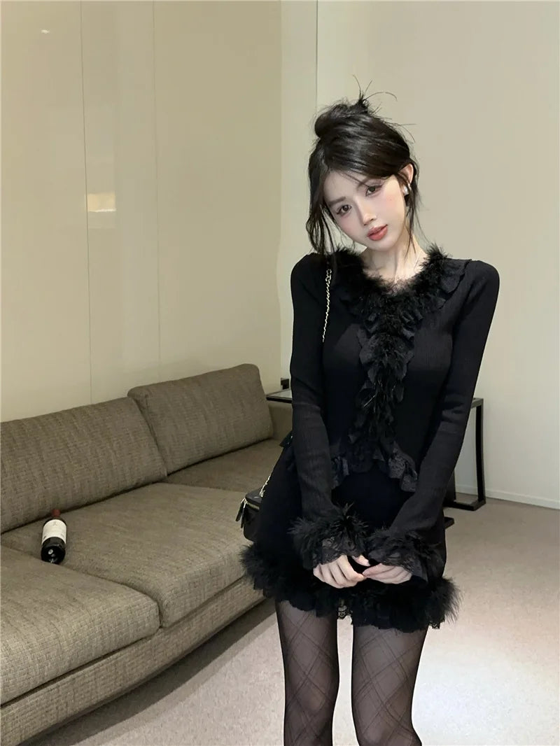 Autumn Winter Lace Splice Knitted Sve High Waist Slim Fit Bodycon Skirt Set V-Ne Soft Pure Desire Long Sve T-irt