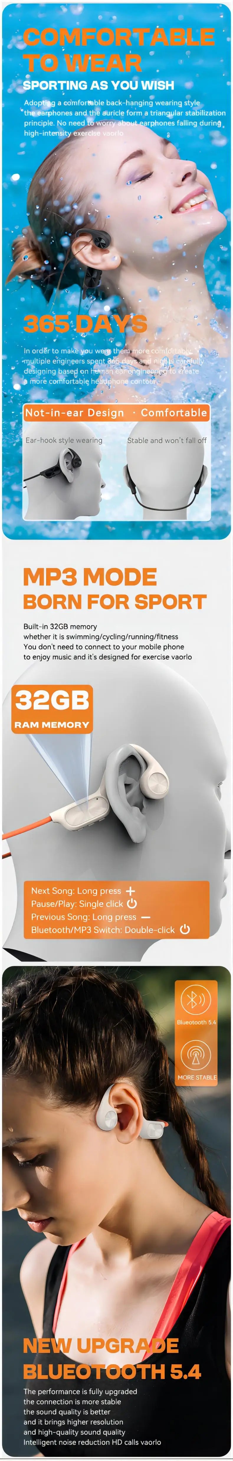 IPX8 Waterproof Swimming Diving Bone Conduction Headphone Bluetooth 5.3 Bass Wireless Headset MP3 (32G) Player fitness Earphone