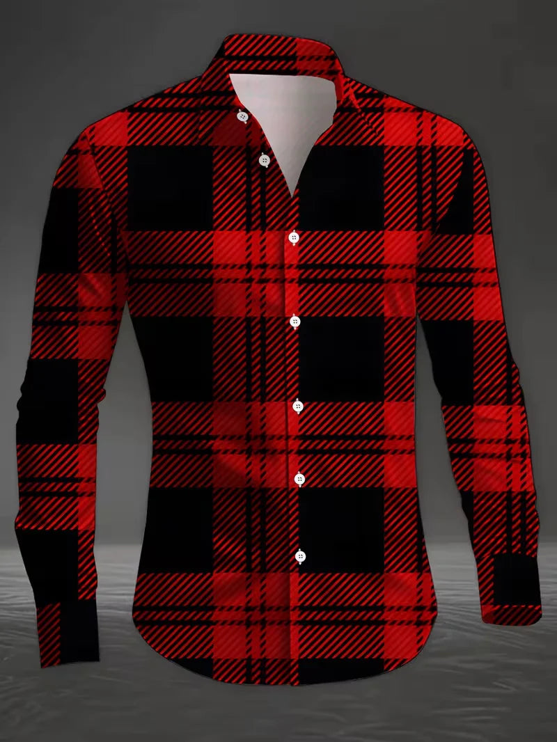New men's long sleeved shirt with casual plaid pattern and branch print collar, versatile and comfortable top clothing