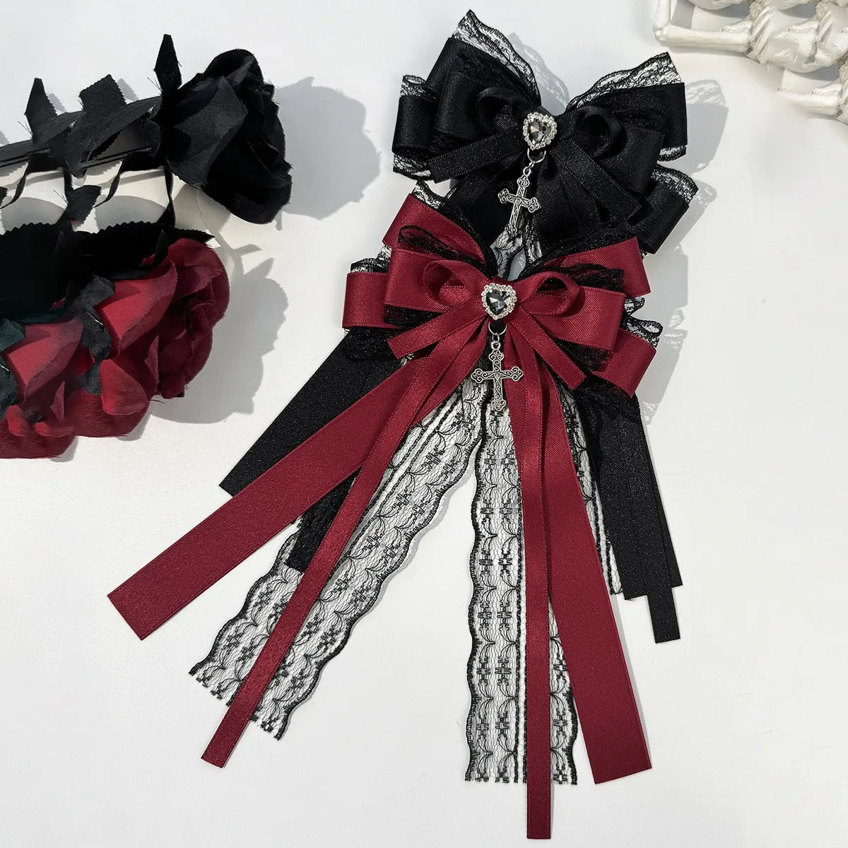 1Pcs Dark Lace Bow Hair Accessories Red Black Cross Love Hair Clip Gothic Lolita Headwear Accessories Butterfly Hair Clip