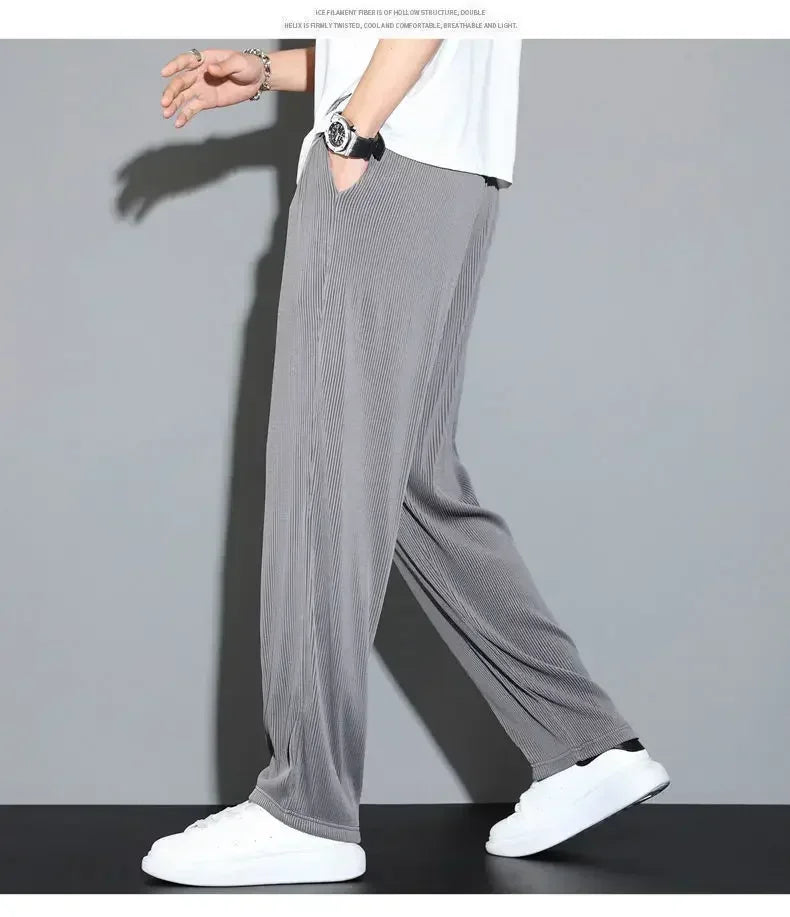 Summer Loose Ice Silk Pants Men's Drape 100KG Size Long Pants Fat Casual Sports Pants Wide Leg Straight Pants Tide Brand
