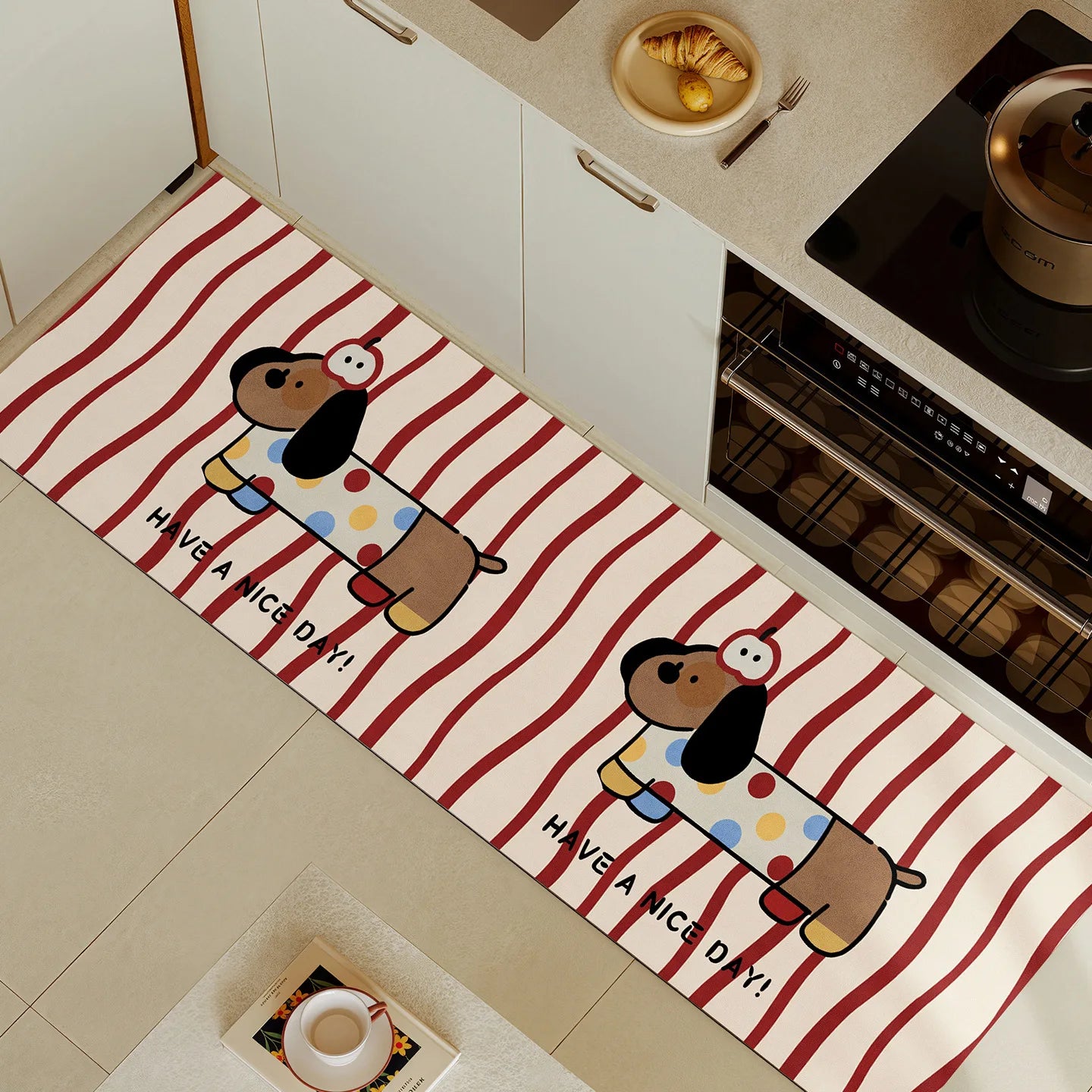 Cartoon Dog Kitchen Carpet Mat Non-slip Rug Home Decoration Striped Pattern Welcome Home Funny Floor Mat for Kitchen Decor