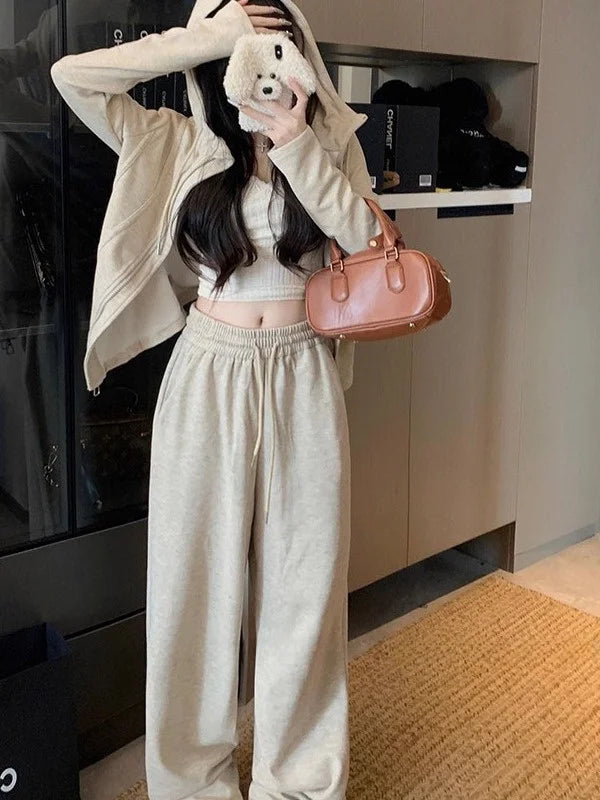 Faionable Lazy Sle Women's Outfit Long Sve Hoodie Wide Leg Casual Pants Two Piece Set Autumn Commute Windbreaker