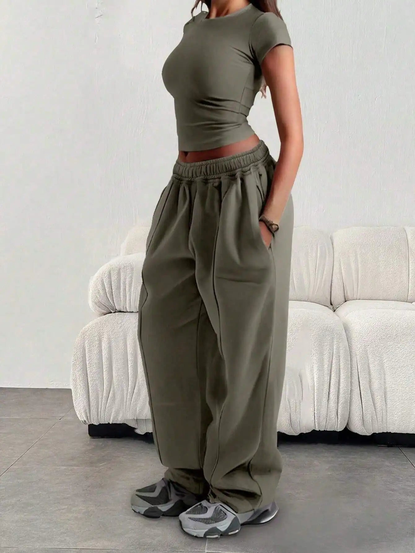 Plus Size New Women‘s Fashion Fitness Sweatpants Wide Leg Straight Ladies Casual High Waisted Solid Color Sports Pants