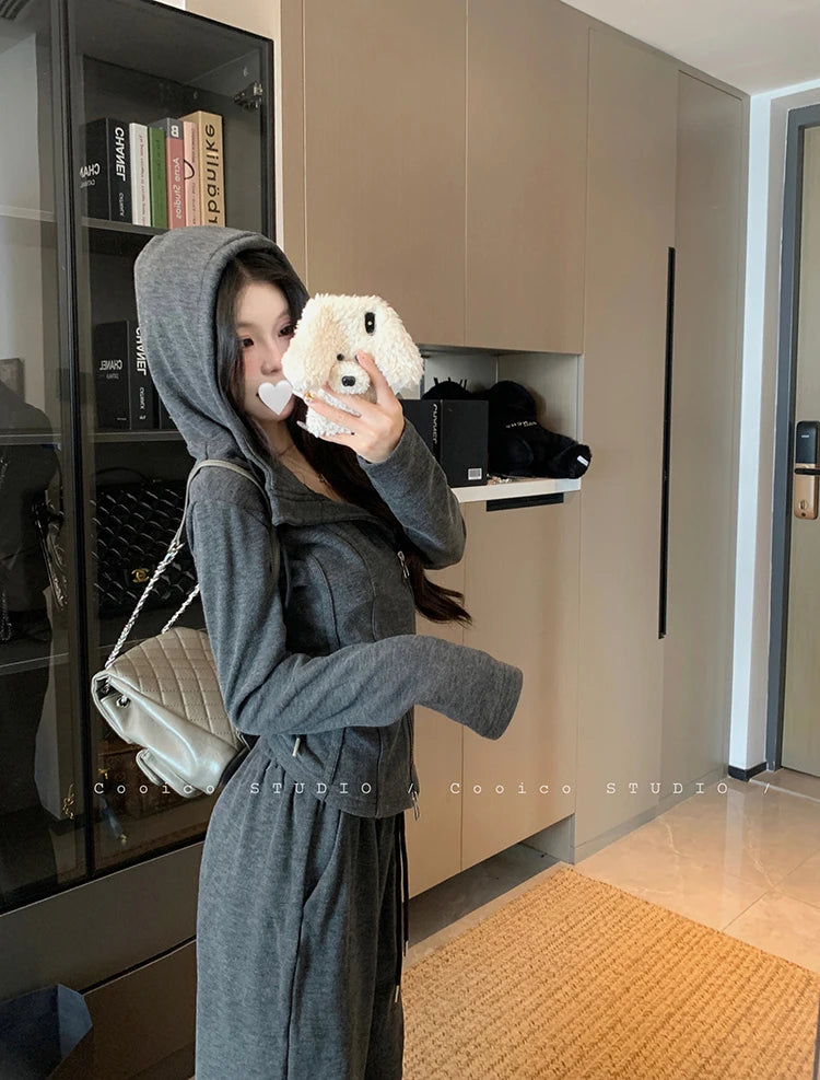 Faionable Lazy Sle Women's Outfit Long Sve Hoodie Wide Leg Casual Pants Two Piece Set Autumn Commute Windbreaker