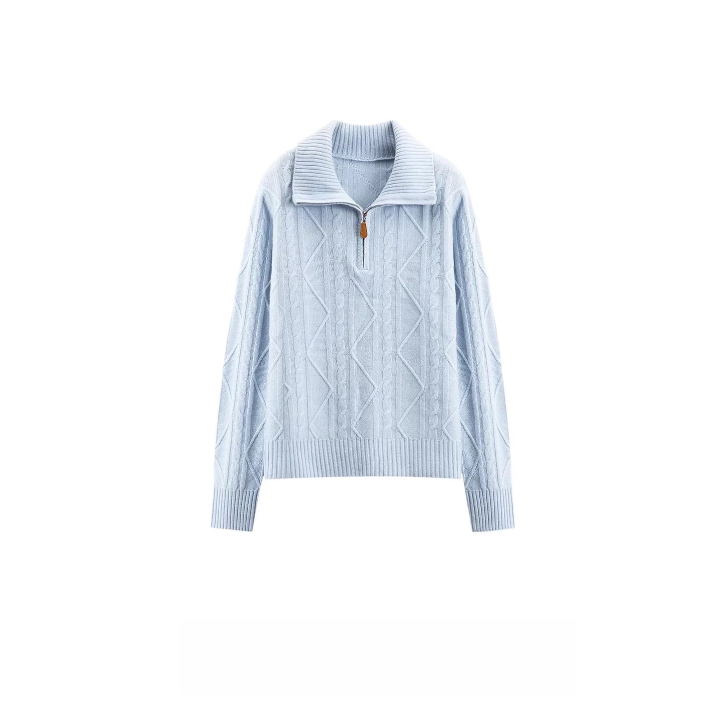 Autumn and winter new lapel zipper twisted pure cashmere knitted long sleeve loose versatile western-style top.