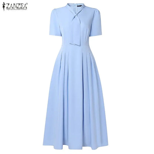 ZANZEA Elegant Office Lady Dresses Women 2026 Summer Dress Stylish A Line Waisted Party Sundress Short Sleeve Pleated Midi Robe