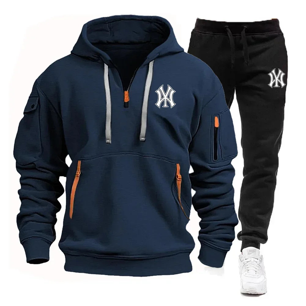 A stylish, casual and fitness two-piece set for men's autumn and winter 2025: zipper hoodie, long-sleeved pullovers and jogging