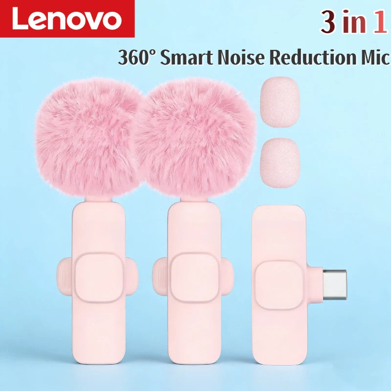 Lenovo Pink Wireless Lavalier Microphone Phone Portable Audio Video Recording Vlog Microphone for iPhone Android PC Live Gaming