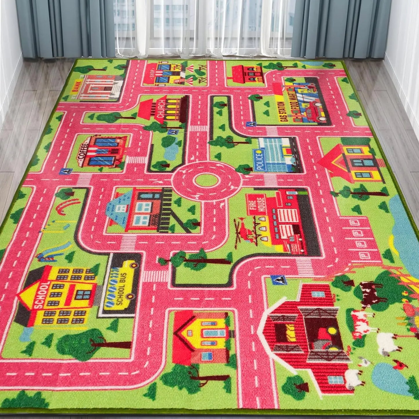 Boy and Girl Game Carpet Blue Pink Green Soft Climbing Mat Urban Road Rail Transit Carpet Office Children's Room Decoration
