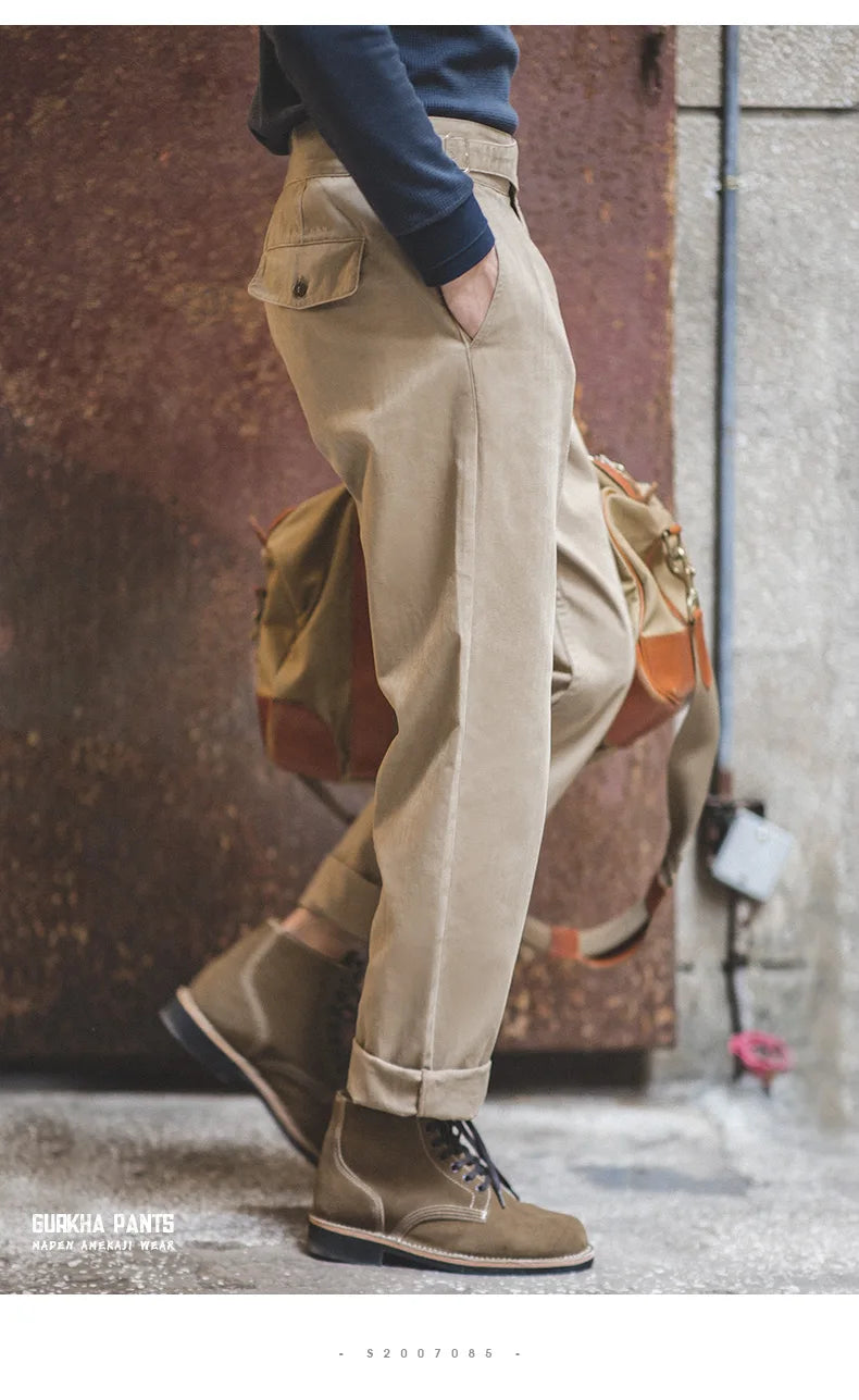Maden Vintage Adjustable High Waist Gurkha Pants Khaki Casual Cargo Work Pants Classic Straight Trousers for Men's Spring Fall