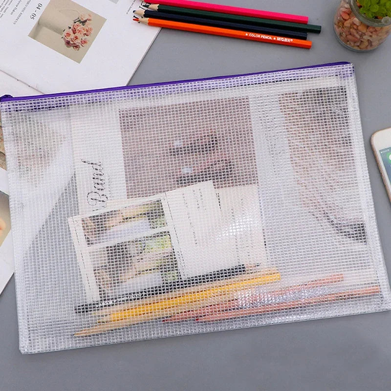 PVC Stationery Storage Bag Folder File Mesh Zipper Pouch A4 A5 A6 A3 Document Bag File Folders School Office Supplies Organizer
