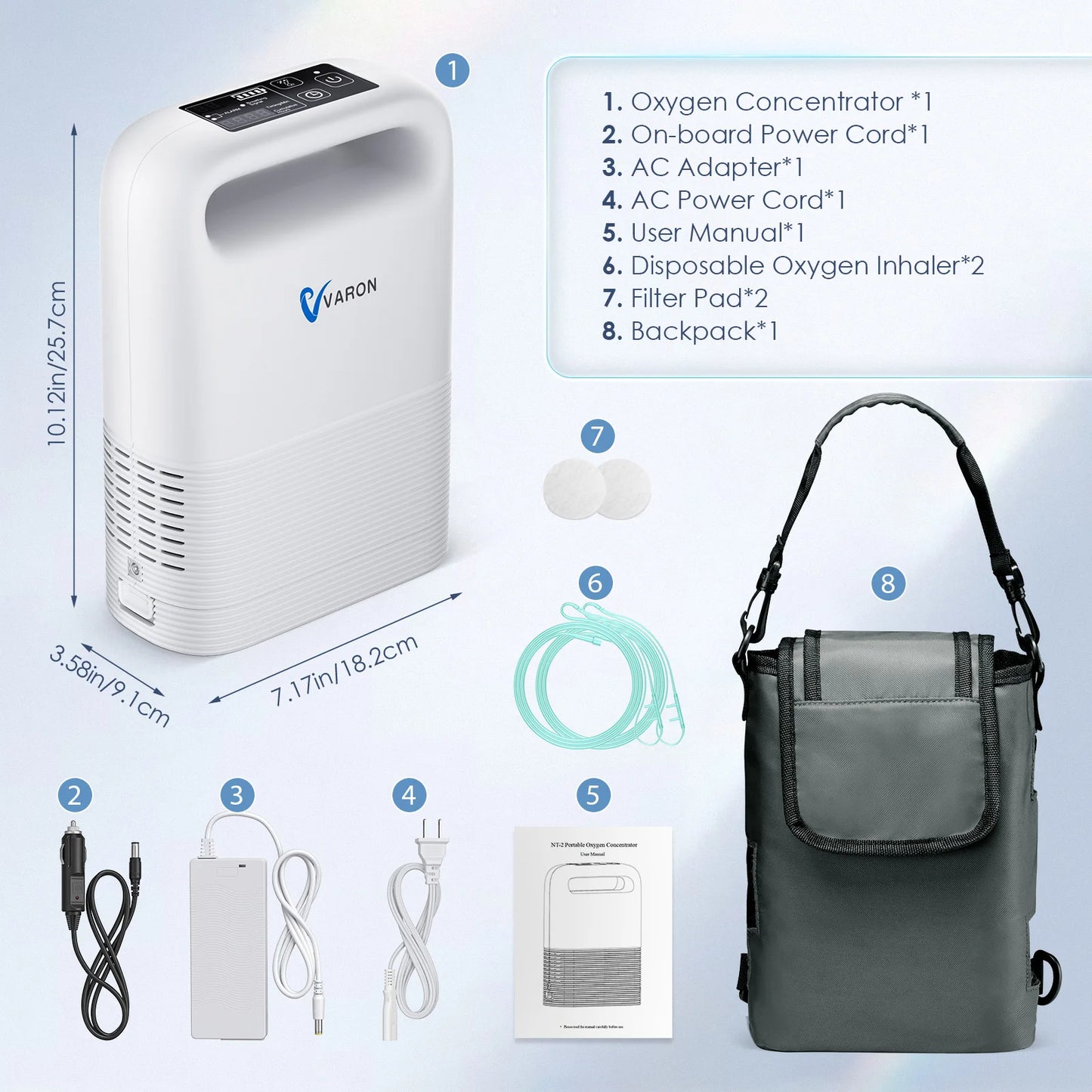 Varon Portable 93±3% 1-5 Level Oxygen Concentration Pulse Dual Oxygen Delivery Modes Removeable Battery For Outdoor Travel Use