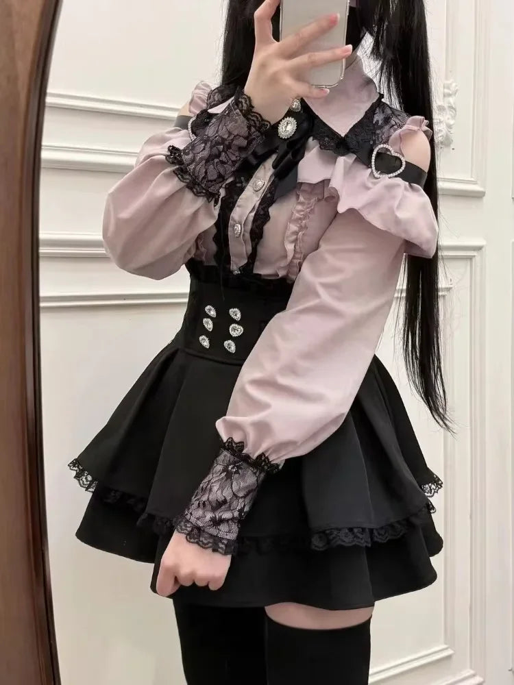 Japanese Sweet Preppy Style 2 Piece Set Women Kawaii Lace Patchwork Bow Tops + Y2k Plaid Mini Skirt Elegant Fashion Outifits New