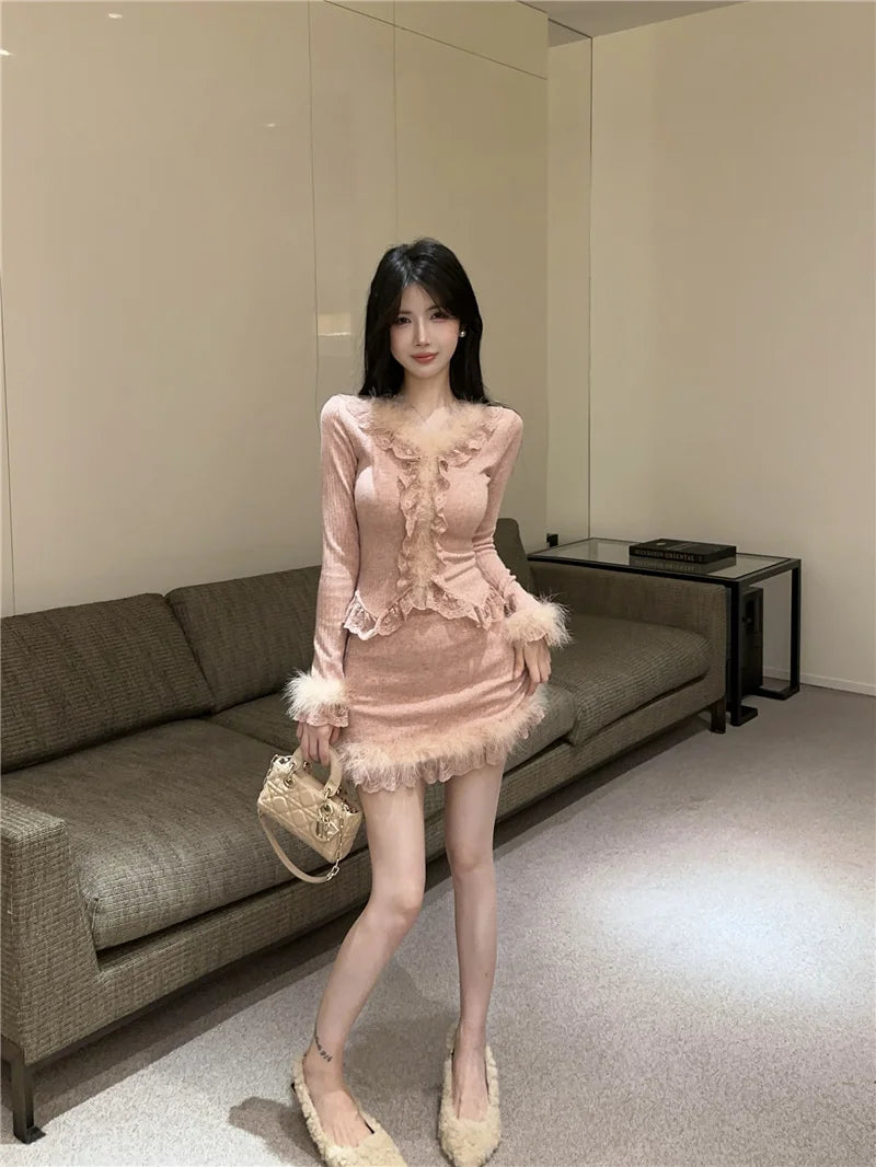 Autumn Winter Lace Splice Knitted Sve High Waist Slim Fit Bodycon Skirt Set V-Ne Soft Pure Desire Long Sve T-irt