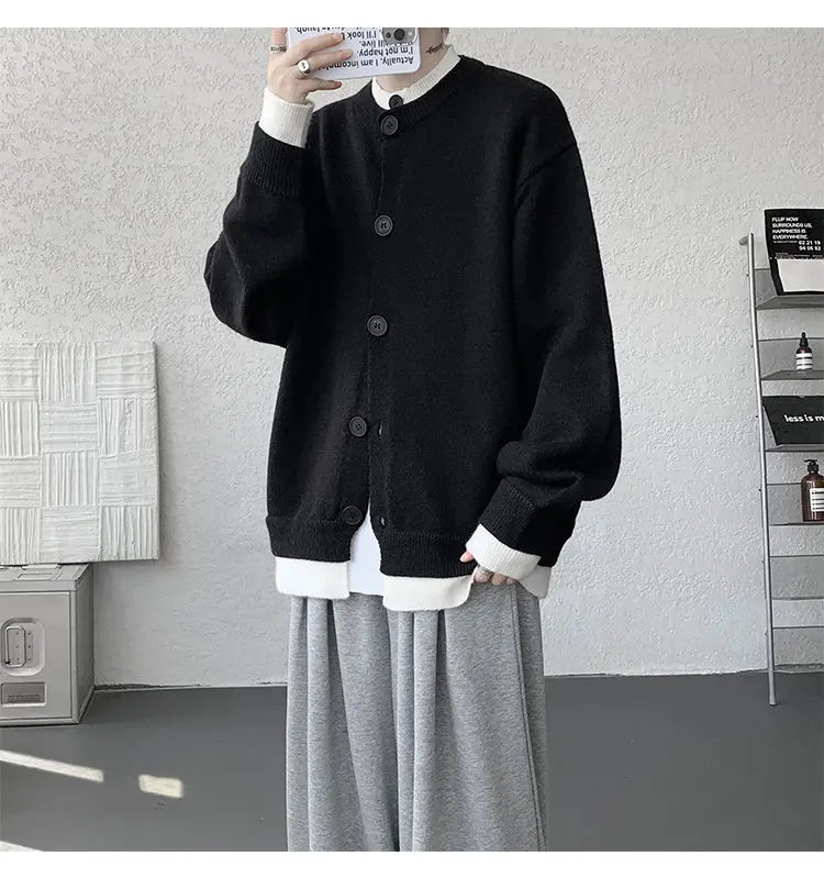 Men's Casual Contrast Color Cardigan Sweater Loose Button Front Knitted Coat for Daily Wear