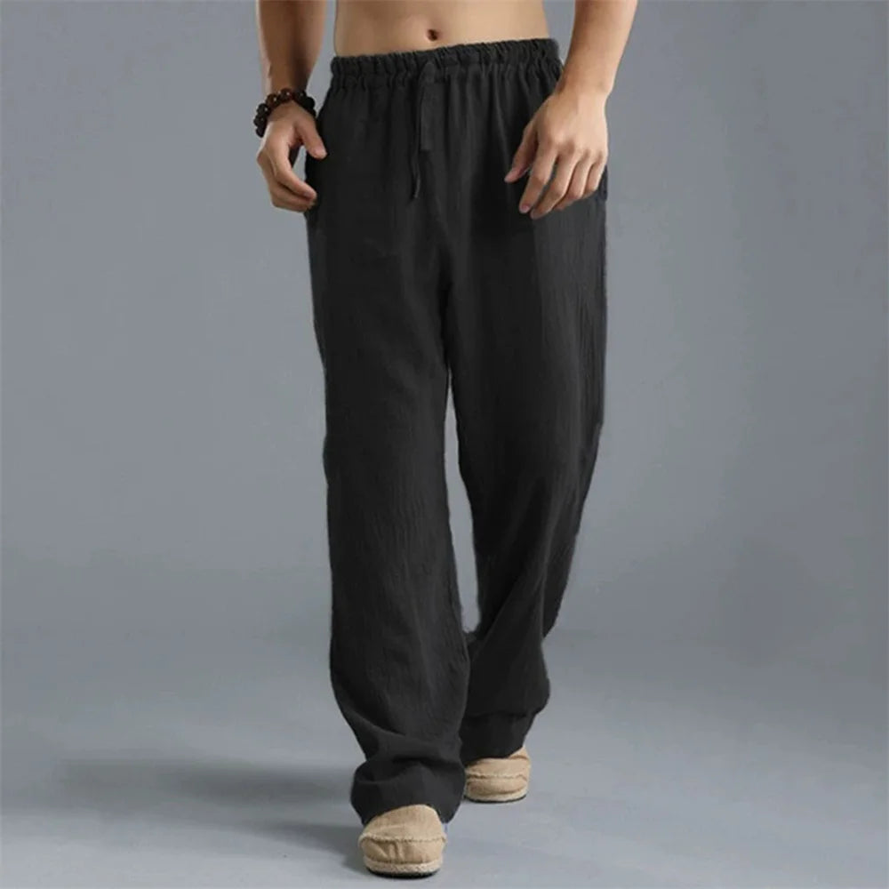 Men's Cotton Linen Straight Leg Pants Lightweight Breathable Trousers Beach Style Solid Color Casual Cozy Sweatpants