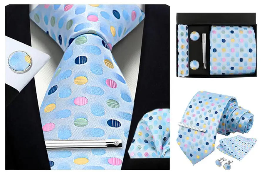 Classic 100% Silk Men's Ties In Gift box 8cm Plaid Dot Striped Business Necktie Handkerchief Cufflinks Wedding Party Tie Set