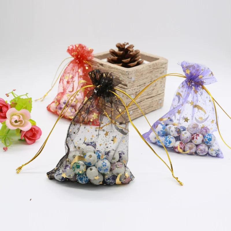 100PCS Moon Stars Drawstring Organza Bags Jewelry Gift Bags Pouches Gold Star Organza Pouches for Christmas Wedding Gift Bags
