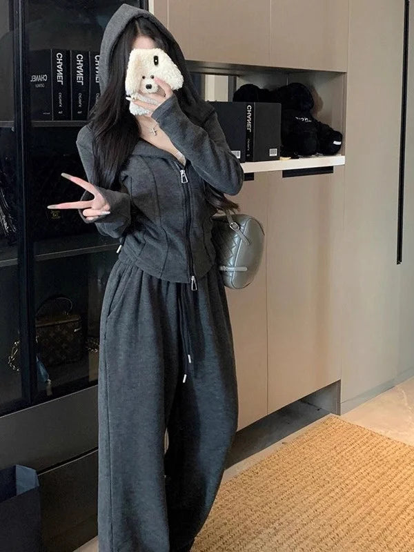 Faionable Lazy Sle Women's Outfit Long Sve Hoodie Wide Leg Casual Pants Two Piece Set Autumn Commute Windbreaker