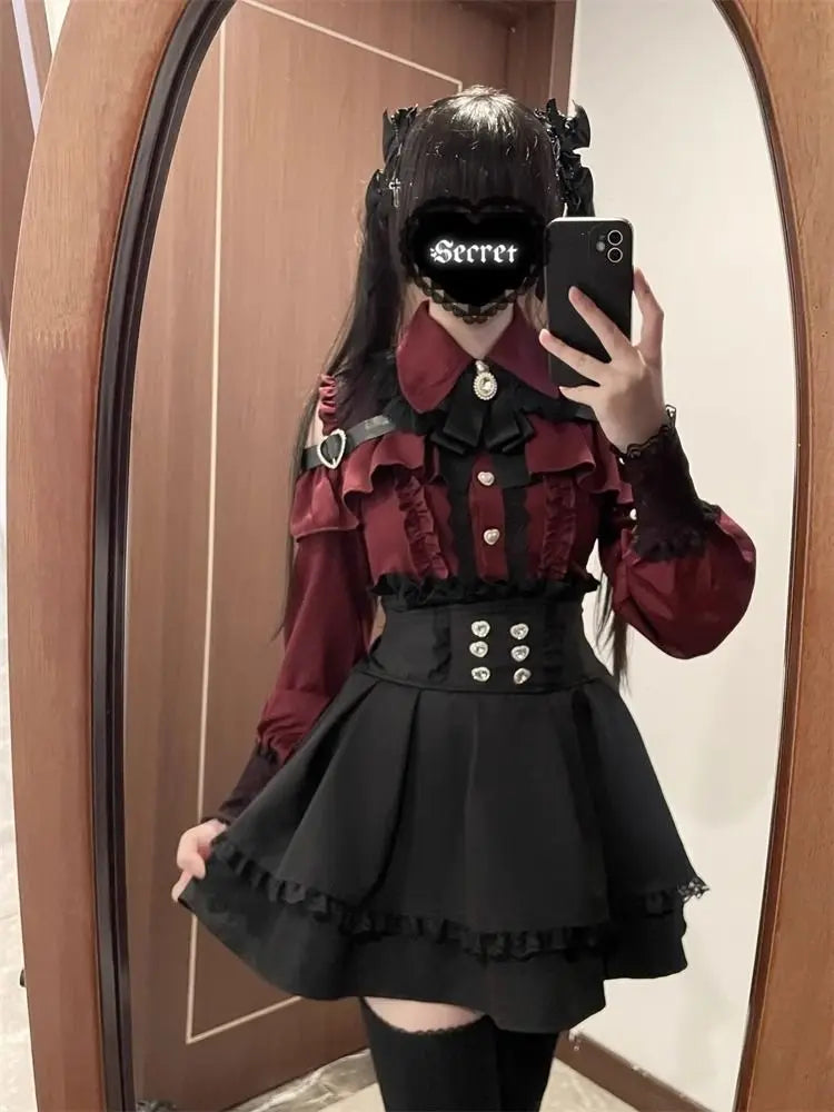 k Gothic Sle oulder Bared irt And f Skirt Set Spring Autumn Sweet Subculture Encounter Jk orm Two Piece Set f...