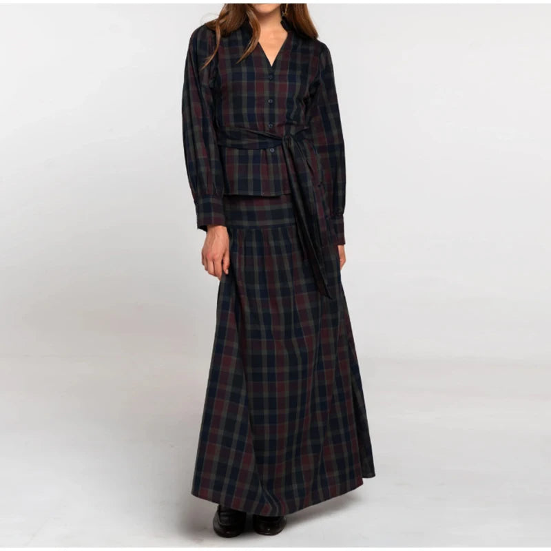 Women Chic Lace Up Checkered Skirt Suit Elegant V-neck Long Lantern Sleeve Top Long Skirts Set 2026 Spring Lady Commute outfits