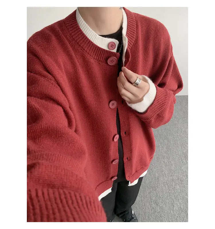 Men's Casual Contrast Color Cardigan Sweater Loose Button Front Knitted Coat for Daily Wear