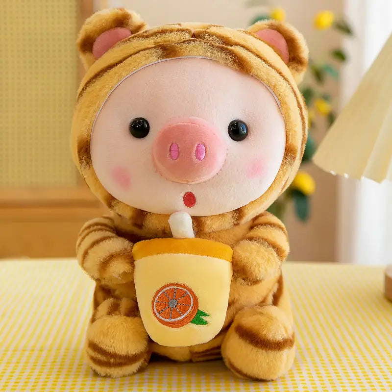25cm Kawaii Bubble Pig Plush Toy Stuffed Animal Bunny Frog Tiger Soft Pillow Cup Milk Tea Boba Plushies Doll For Kids Girls Gift