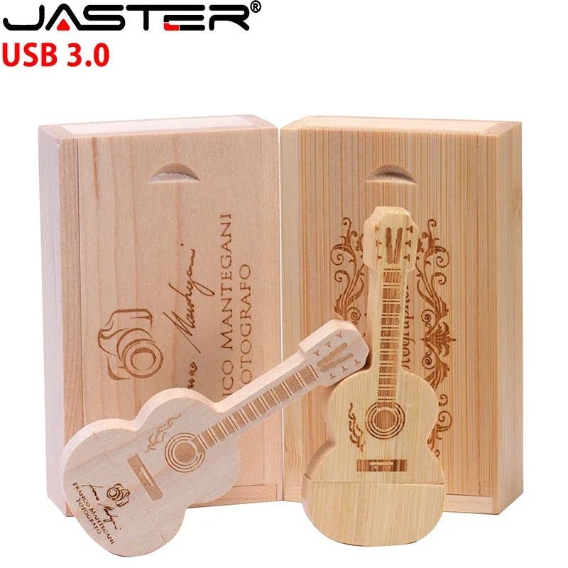 JASTER USB 3.0 Flash Drives Wooden Guitar 128GB Free Custom Logo Pen Drive 64GB with Box Memory Stick Music Business Gift U disk